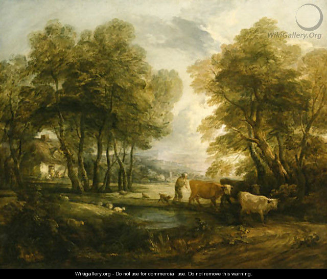 A wooded Landscape with Herdsmen, Cows and Sheep near a Pool, figures outside a cottage beyond - Thomas Gainsborough