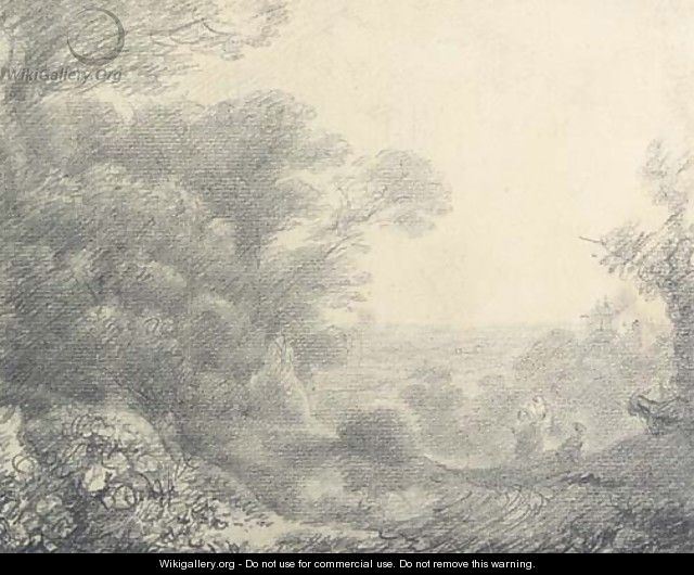 Wooded landscape with figures, donkeys and buildings - Thomas Gainsborough