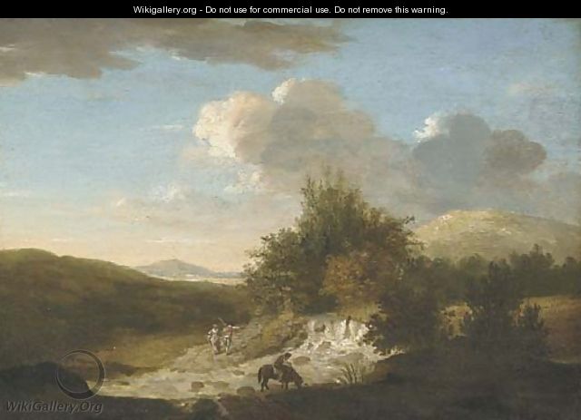 A wooded river landscape with figures by a ford - Thomas Jones