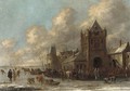 Townsfolk skating and sledging on a frozen moat before a town - Thomas Heeremans