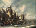 A winter landscape, with skaters and horse-drawn sledges beneath the walls of a town - Thomas Heeremans