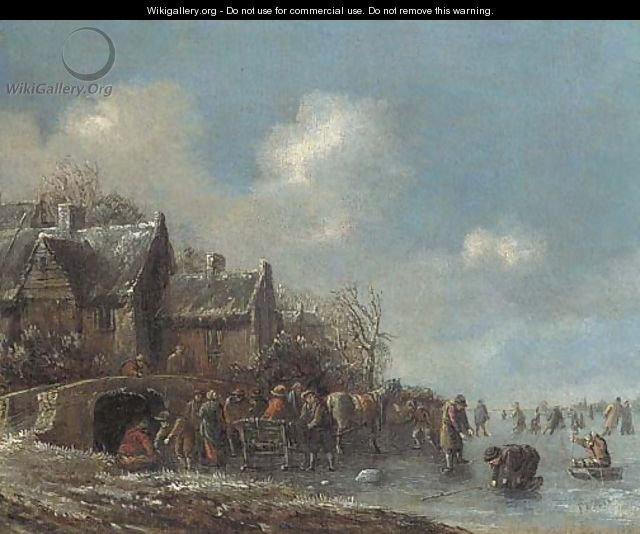 A winter landscape with villagers on a frozen lake - Thomas Heeremans