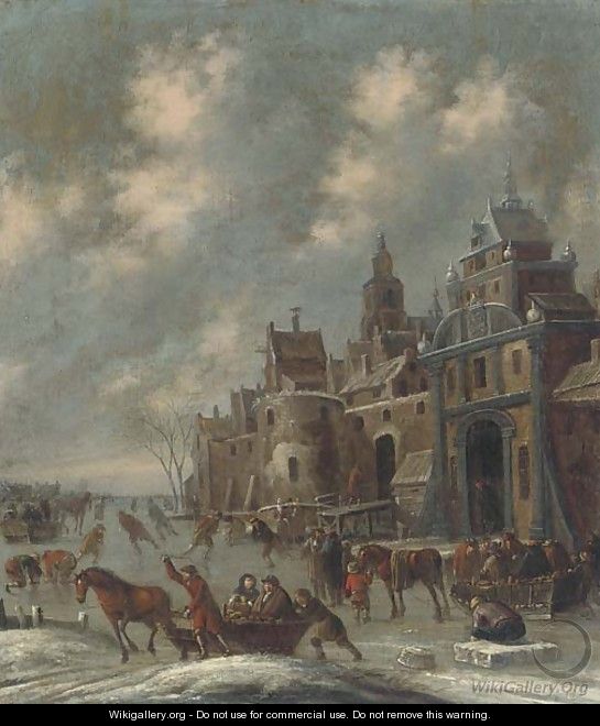 A winter landscape with skaters by a walled town - Thomas Heeremans