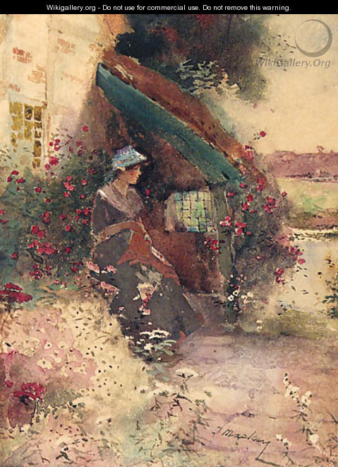 A young Lady seated in a Cottage Garden - Thomas Mackay