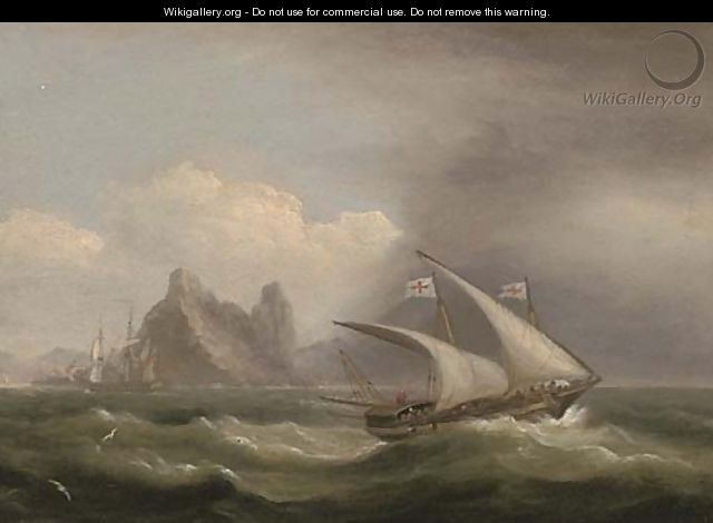 An armed xebec in the Mediterranean, a British frigate off her stern and running past a rocky coastline - Thomas Luny