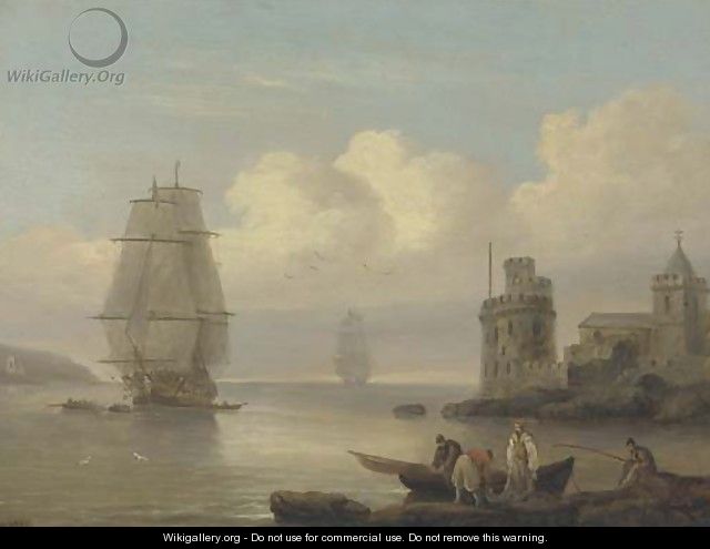 A frigate under tow at the entrance to Dartmouth Harbour - Thomas Luny