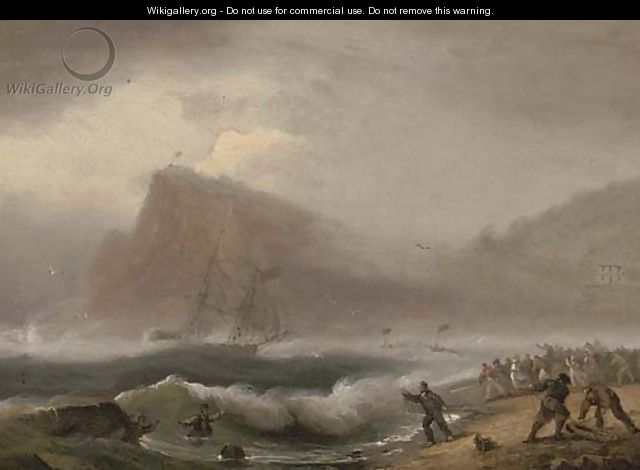 A brig running into the harbour at Teignmouth, the foreshore crowded with rescuers - Thomas Luny