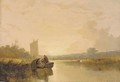 Evening on the river Yare at Whitlingham, with figures in a boat in the foreground, Norwich Castle and Cathedral beyond - Thomas Lound
