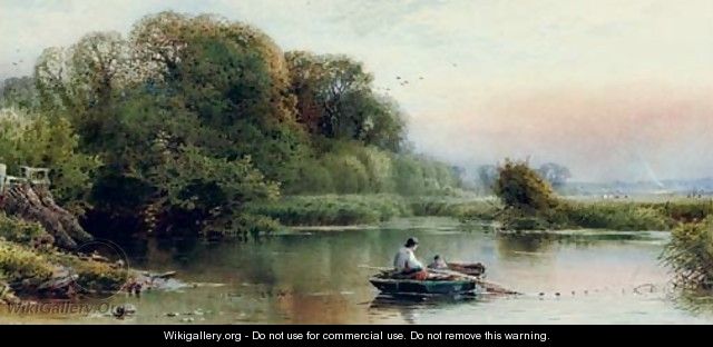 A river landscape at dusk with young anglers dragging in their nets - William W. Gosling