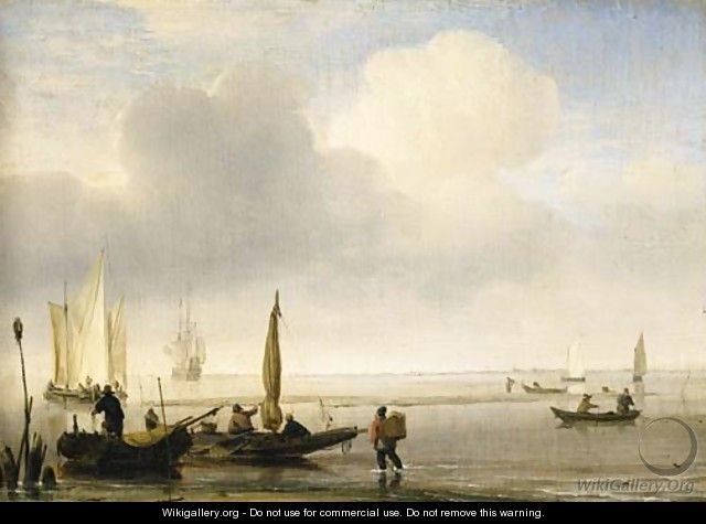 Two fishing boats off a spit of sand in a calm, with other shipping in an estuary - Willem van de, the Younger Velde