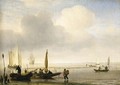 Two fishing boats off a spit of sand in a calm, with other shipping in an estuary - Willem van de, the Younger Velde