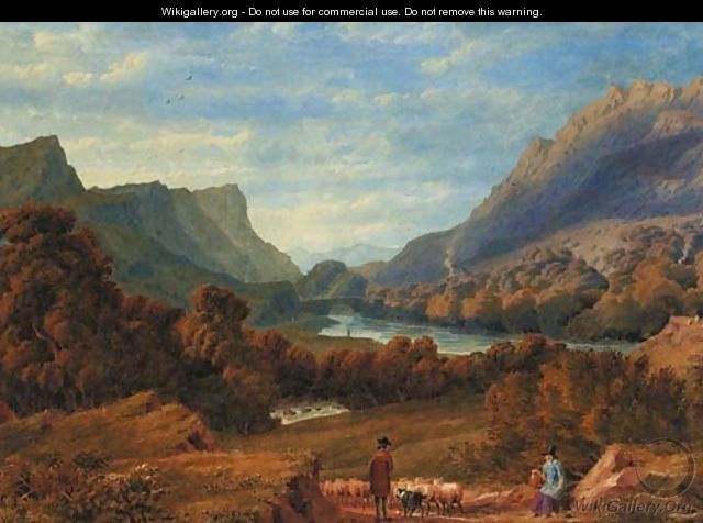 A shepherd herding sheep on a track in a Welsh valley - William (Turner of Oxford) Turner