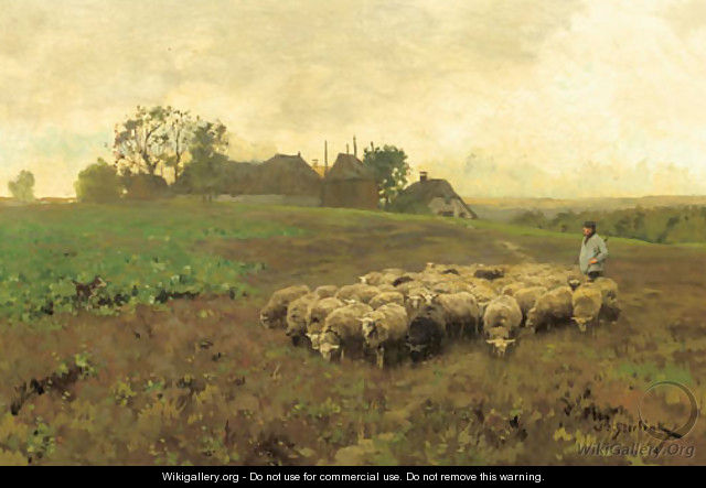 A shepherd with his flock by a farm - Willem II Steelink