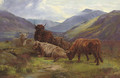 Highland cattle resting before a loch - William Watson