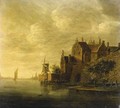 A fortified town on a river, with a sailing boat in the distance, at sunset - Wouter Knyff