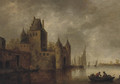 A river landscape with a city gate, shipping nearby - Wouter Knijff