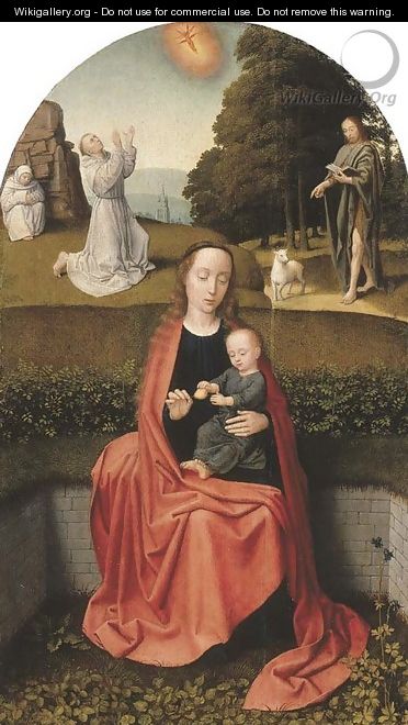 The Virgin and Child with the stigmatisation of Saint Francis of Assisi and Saint John the Baptist in the Wilderness - (after) Gerard David