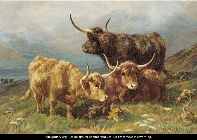 Highland cattle in a mountainous landscape; and Highland cattle with a calf - William Watson