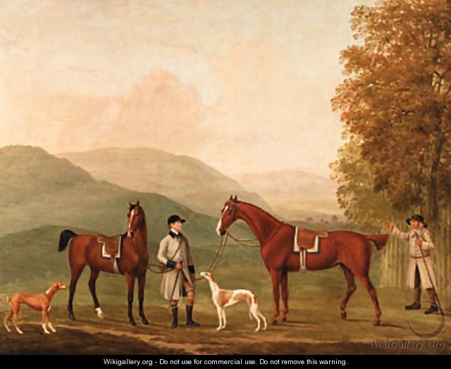 The Hunting Conversation, Two Hunters Held by a Huntsman with a Couple of Hounds in a Landscape - William Shaw