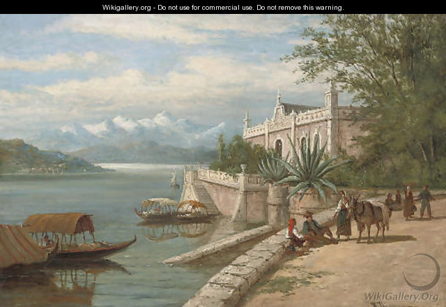 Travellers resting before lake Como - William Raymond Dommersen