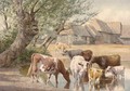 Cattle watering by a farmstead - William Sidney Cooper