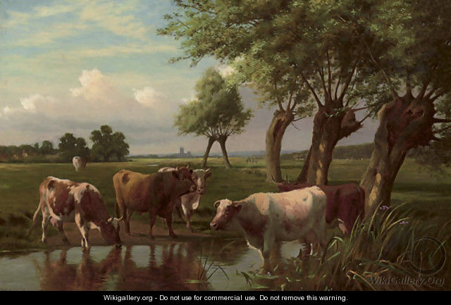Cattle watering in a summer landscape - William Sidney Cooper
