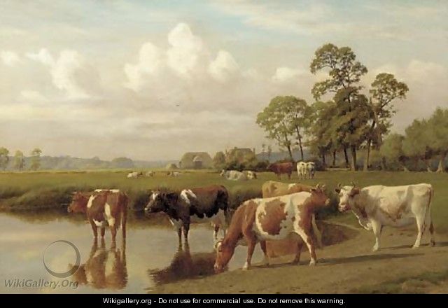 Cattle watering in a meadow - William Sidney Cooper