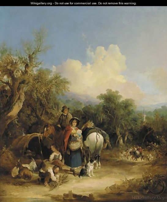 Travellers on a path in an extensive wooded landscape, with a church spire beyond - William Joseph Shayer