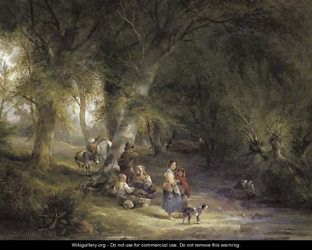 A gypsy encampment in a wooded landscape by a river, with several figures, donkeys and a dog in the foreground - William Joseph Shayer