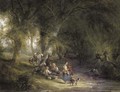 A gypsy encampment in a wooded landscape by a river, with several figures, donkeys and a dog in the foreground - William Joseph Shayer