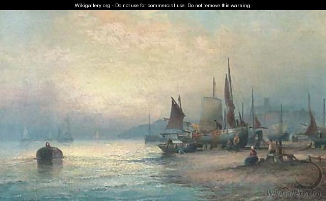 Fisherfolk on the foreshore at Whitby at dusk - William A. Thornley or Thornbery