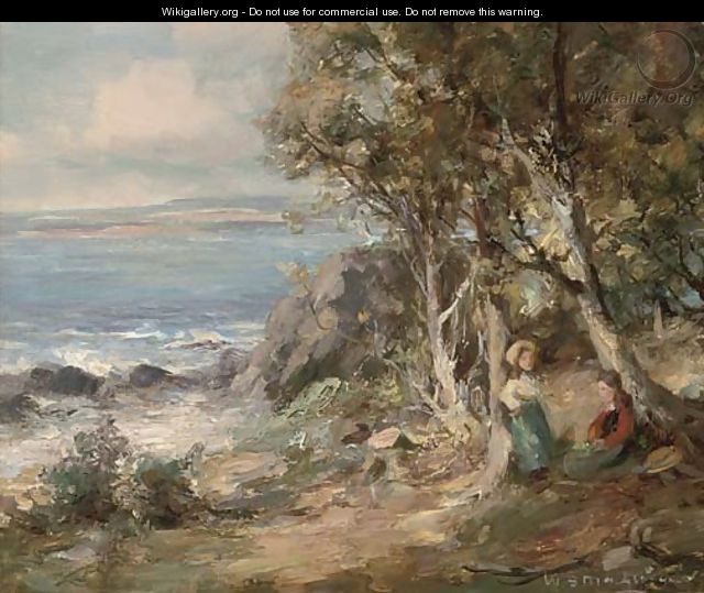 Young girls beside trees overlooking the sea - William Stewart MacGeorge