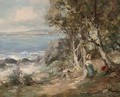 Young girls beside trees overlooking the sea - William Stewart MacGeorge