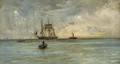 Lightening splitting the sky over a barque and her attendant tug - William Lionel Wyllie