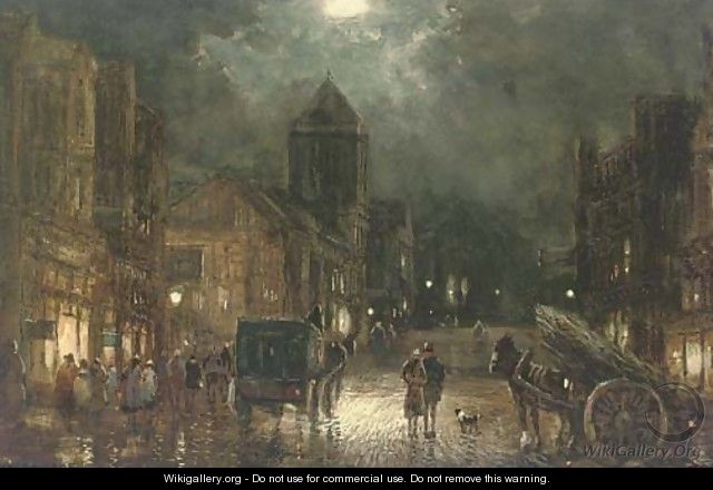 Figures and carriages on a street by moonlight (illustrated) - William Manners