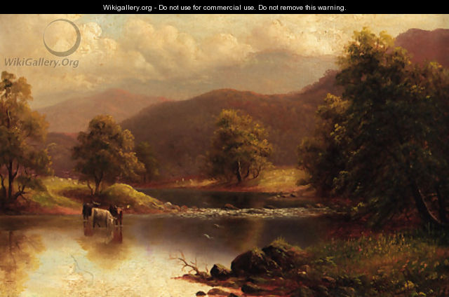 Cattle watering in a tranquil river landscape - William Mellor