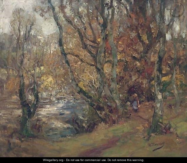 A figure in a wooded river landscape - William Mouncey
