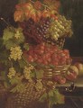 Grapes, strawberries, whitecurrants, peaches, and a red admiral butterfly, on a wooden ledge - William Hughes