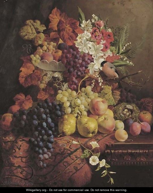 Flowers, fruit, a bullfinch and its nest - William Hughes