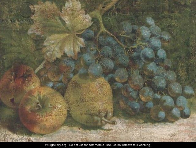 Apples, a pear and a bunch of grapes on a mossy bank - William Hughes