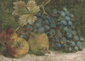 Apples, a pear and a bunch of grapes on a mossy bank - William Hughes