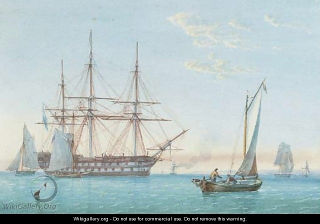 A Royal Naval two-decker lying in Spithead with small craft nearby - William Joy