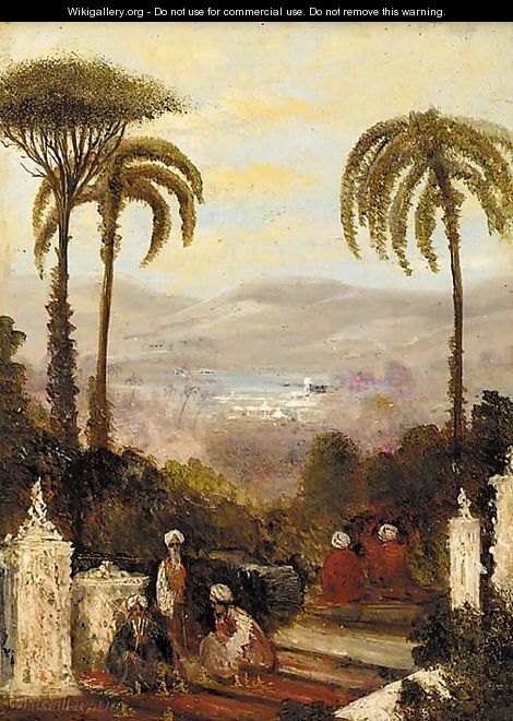 Figures on a terrace in an Eastern landscape - William James Muller