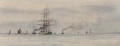 A three-master under tow in the Thames Estuary - William Lionel Wyllie