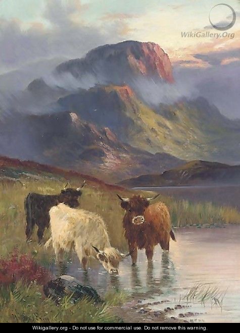 Cattle watering, sunset; and Cattle grazing - William Langley