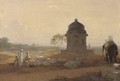 Indian landscape with a monument, figures and an elephant in the foreground - William Frederick Witherington