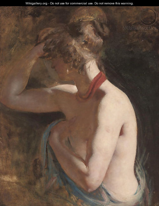 Study of a female nude, half-length, draped in a blue wrap with a red scarf around her neck - William Etty