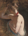 Study of a female nude, half-length, draped in a blue wrap with a red scarf around her neck - William Etty