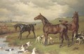 A hunting scene, with horses and hounds in the foreground, and a hunt beyond - William H. Hopkins