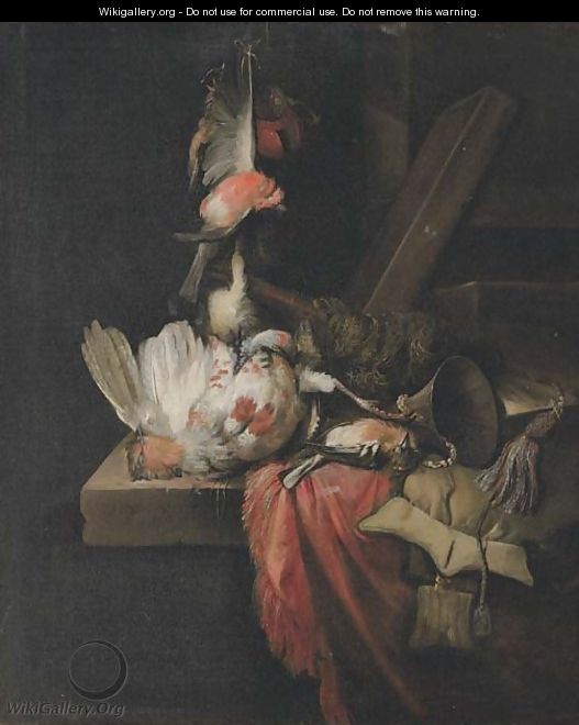 Still life of a dead partridge and other birds, and implements of the chase on a draped stone ledge - William Gowe Ferguson